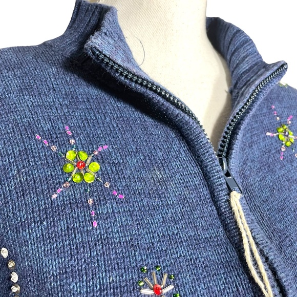Christmas Village Sweater PS Petite S Embroidered Beaded Sequin Navy Rainbow - Picture 8 of 14